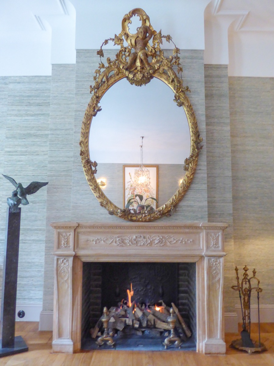 Burning fireplace with fireplace accessories