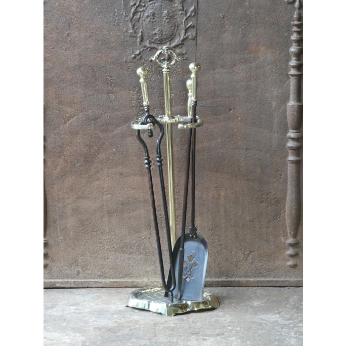 Antique Fireside Companion Set made of Wrought iron, Polished brass 