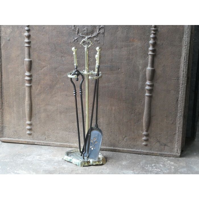 Antique Fireside Companion Set made of Wrought iron, Polished brass 