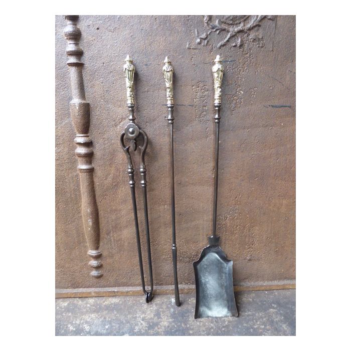 Victorian Fireplace Tool Set made of Wrought iron, Polished brass 