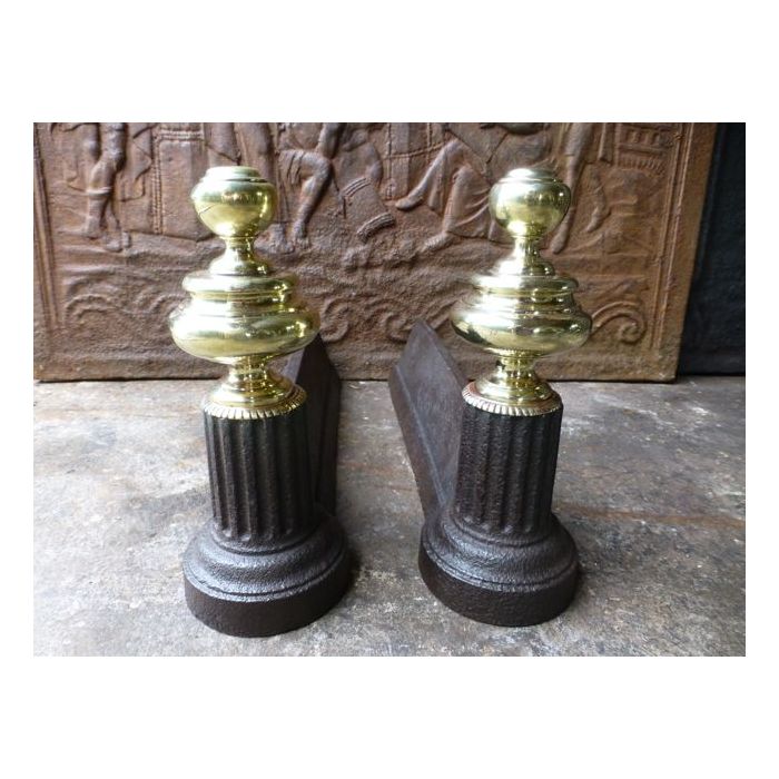 Neoclassical Style Andirons made of Cast iron, Polished brass 