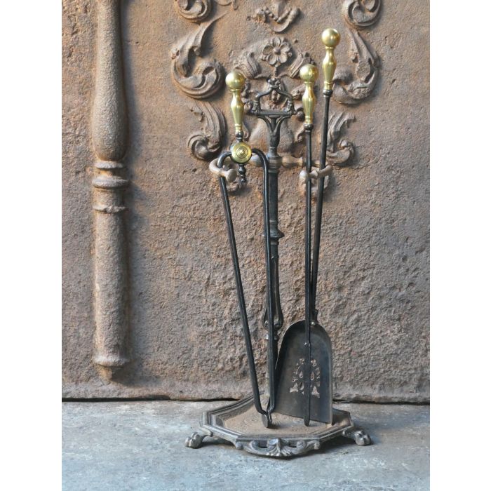 Victorian Fireplace Tool Set made of Wrought iron, Brass, Polished brass 