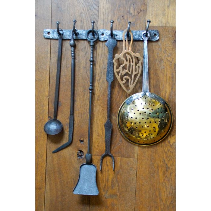 Antique French Fireplace Tools made of Wrought iron, Copper, Polished brass 