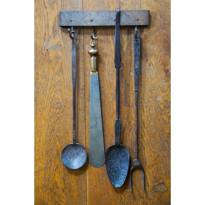 Antique Wall Hanging Fireplace Tools made of Wrought iron, Bronze 