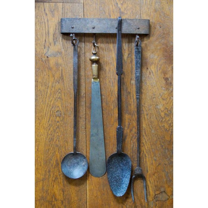 Antique Wall Hanging Fireplace Tools made of Wrought iron, Bronze 