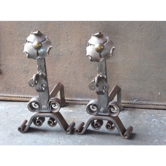 Art Nouveau Andirons made of Wrought iron, Brass 
