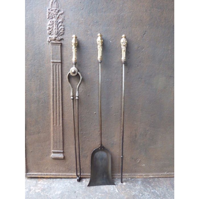 Victorian Fireplace Tool Set made of Wrought iron, Polished brass 