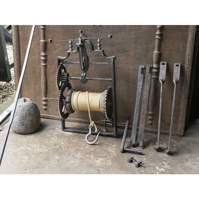 Large Antique Roasting Jack made of Wrought iron, Wood, Stone, Rope, Lead 