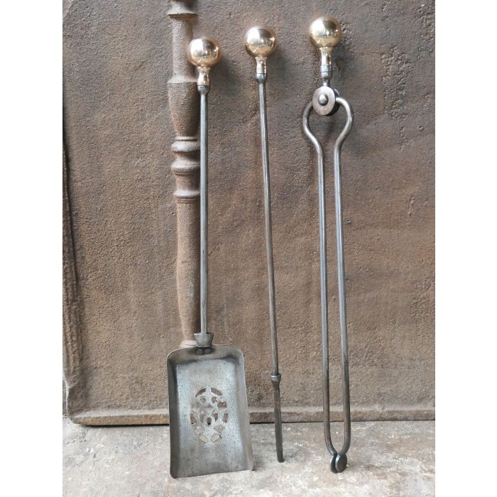 Antique Fireside Companion Set made of Cast iron, Wrought iron, Copper 