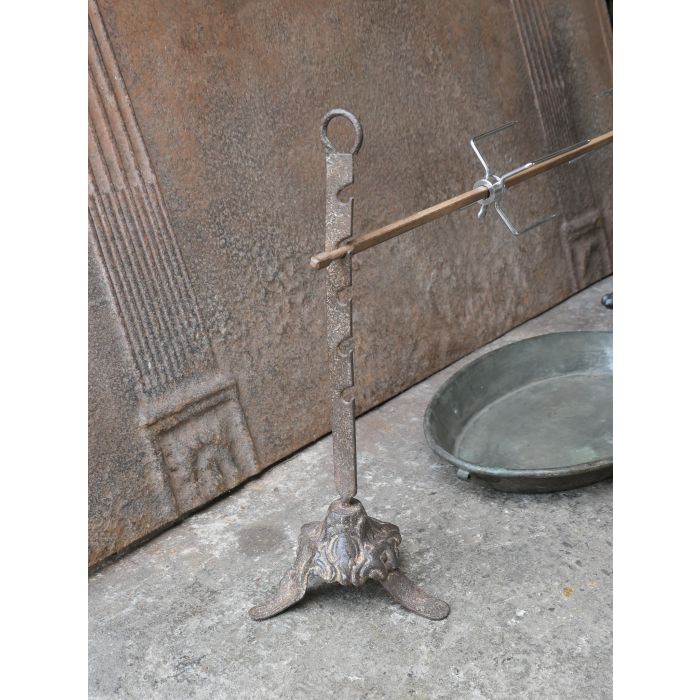 Antique Spring-Driven Roasting Jack made of Cast iron, Wrought iron, Brass, Copper, Wood 