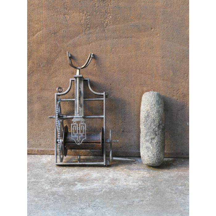 Antique Roasting Jack made of Wrought iron, Wood, Stone 