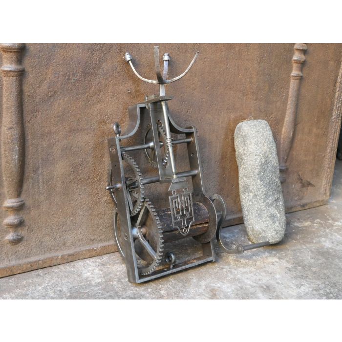 Antique Roasting Jack made of Wrought iron, Wood, Stone 