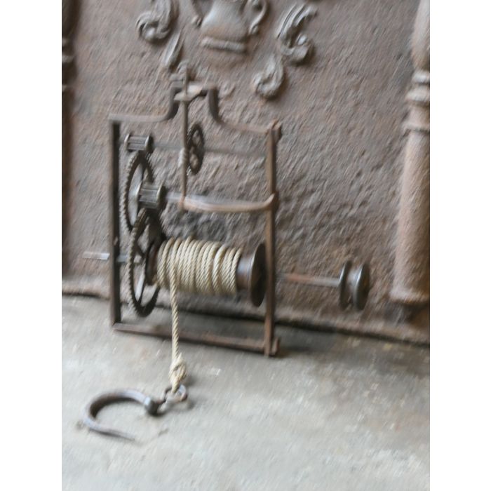 Antique Weight-Driven Spit Jack made of Wrought iron, Wood, Rope 