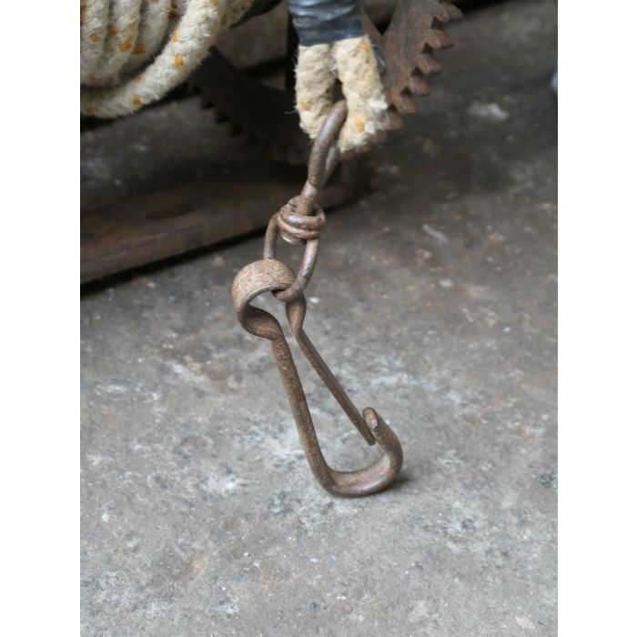Antique Weight Roasting Jack made of Wrought iron, Wood, Stone, Rope 