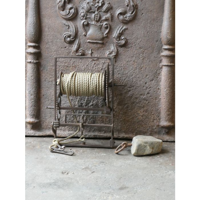 Antique Weight Roasting Jack made of Wrought iron, Wood, Stone, Steel, Rope 