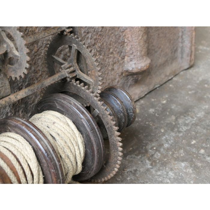 Antique Weight Roasting Jack made of Cast iron, Wrought iron, Wood, Stone, Rope 