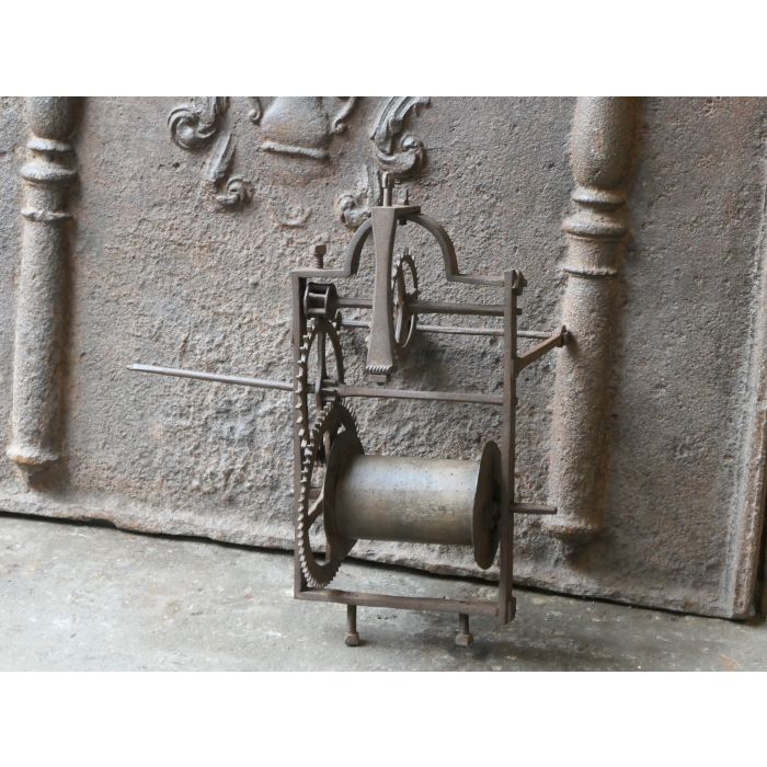 Antique Weight-Driven Spit Jack made of Wrought iron, Wood 