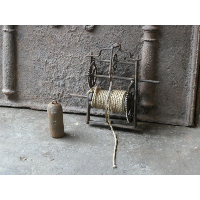 Antique Weight Roasting Jack made of Wrought iron, Wood, Rope, Lead 