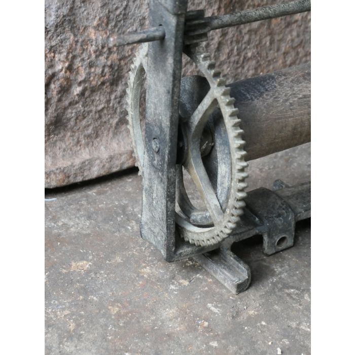 Small Antique Weight-Driven Spit Jack made of Wrought iron, Brass, Wood, Rope 