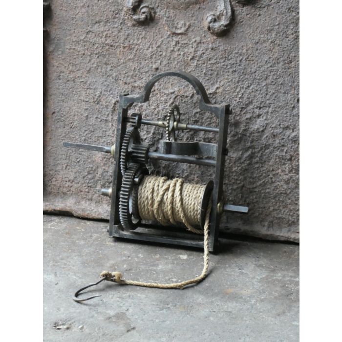 Antique Weight-Driven Spit Jack made of Wrought iron, Brass, Wood, Rope 