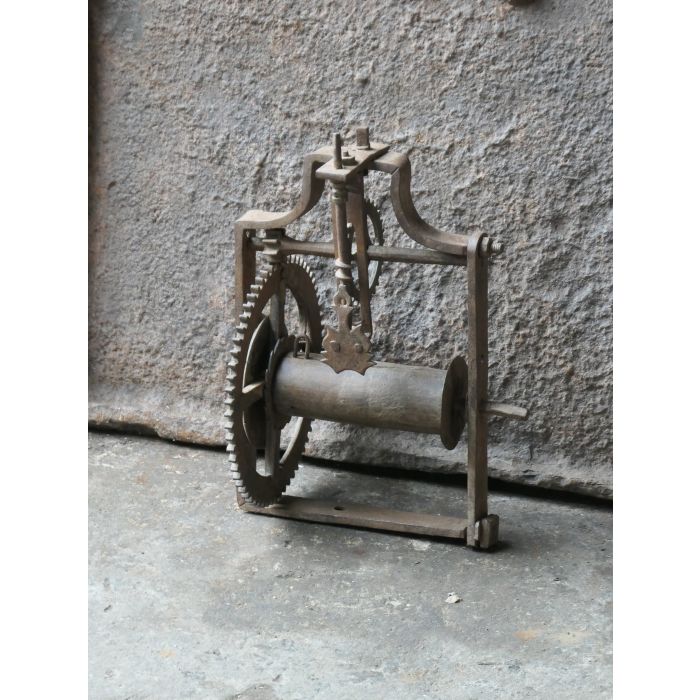 Small Antique Weight-Driven Spit Jack made of Wrought iron, Brass, Wood 