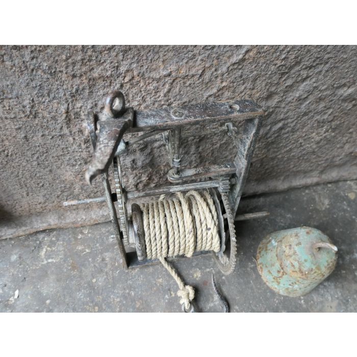 Antique Weight Roasting Jack made of Wrought iron, Brass, Wood, Rope, Lead 