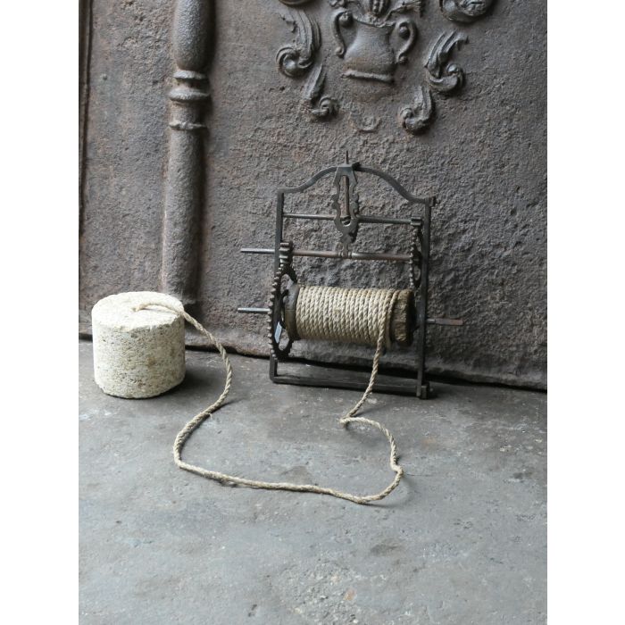 Antique Weight Roasting Jack made of Wrought iron, Wood, Stone, Rope 