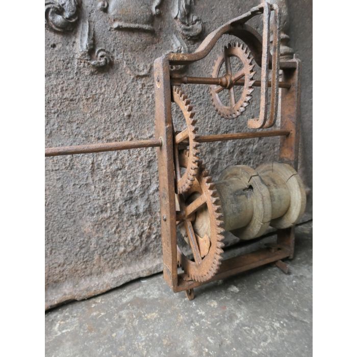 Large Antique Weight-Driven Spit Jack made of Wrought iron, Wood 
