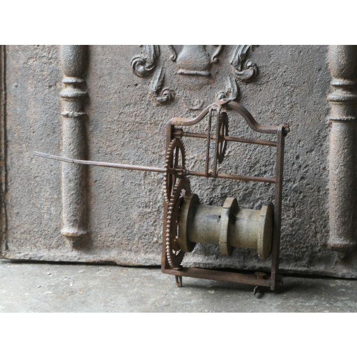 Large Antique Weight-Driven Spit Jack made of Wrought iron, Wood 