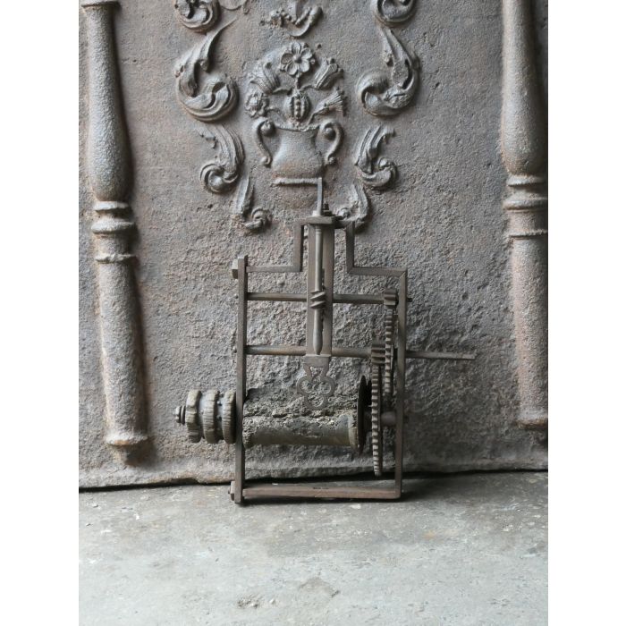 Antique Weight-Driven Spit Jack made of Wrought iron, Wood, Rope 