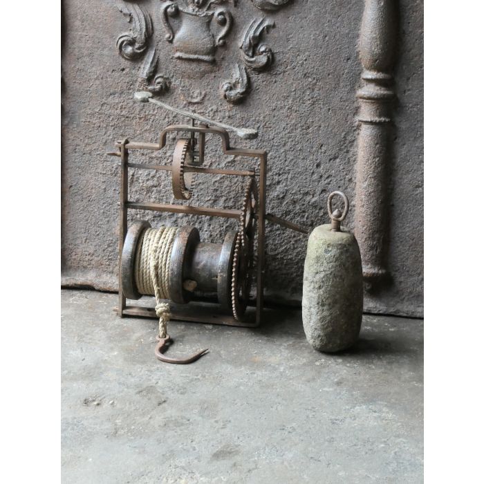 Antique Weight Roasting Jack made of Wrought iron, Wood, Stone, Rope, Lead 