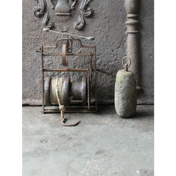 Antique Weight Roasting Jack made of Wrought iron, Wood, Stone, Rope, Lead 