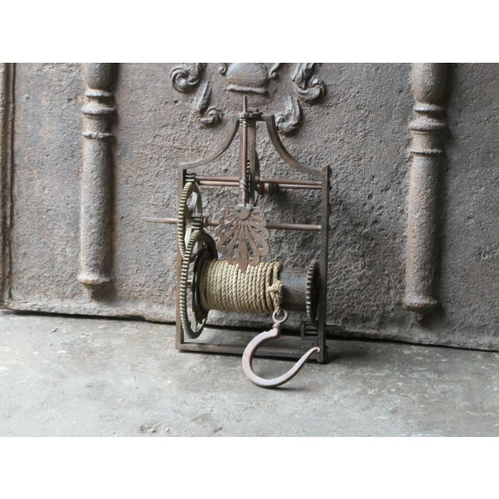 Antique Weight Roasting Jack made of Wrought iron, Brass, Wood, Rope 