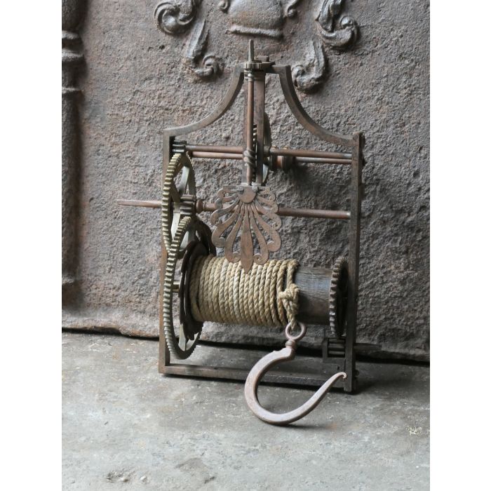 Antique Weight Roasting Jack made of Wrought iron, Brass, Wood, Rope 