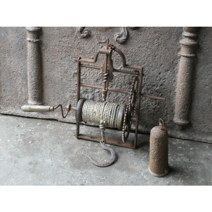 Antique Weight Roasting Jack made of Wrought iron, Wood, Rope, Lead 