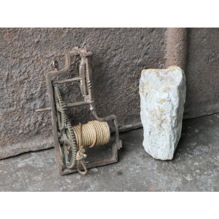 Small Antique Weight-Driven Spit Jack made of Wrought iron, Brass, Wood, Stone, Rope 