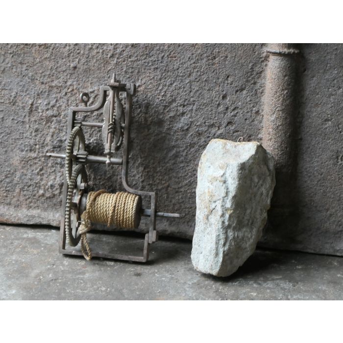Small Antique Weight-Driven Spit Jack made of Wrought iron, Brass, Wood, Stone, Rope 