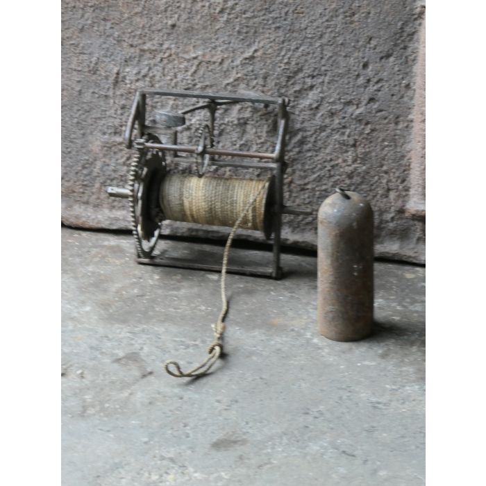 Small Antique Weight-Driven Spit Jack made of Wrought iron, Brass, Wood, Rope, Lead 