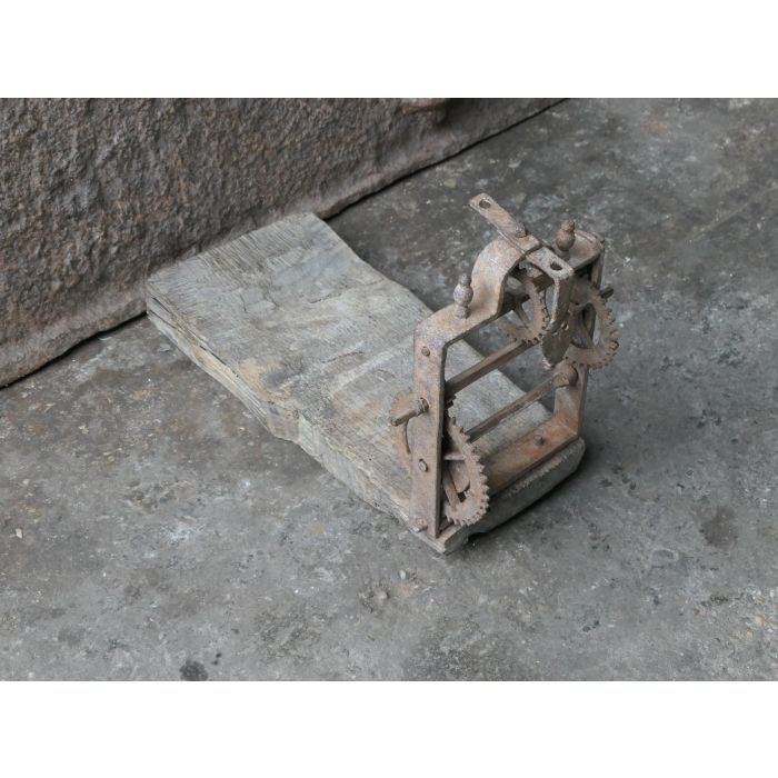 Small Antique Weight-Driven Spit Jack made of Wrought iron, Wood 
