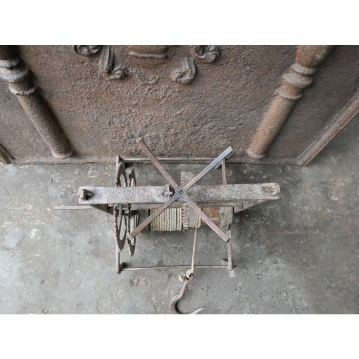 Large Antique Weight-Driven Spit Jack made of Wrought iron, Wood, Rope 