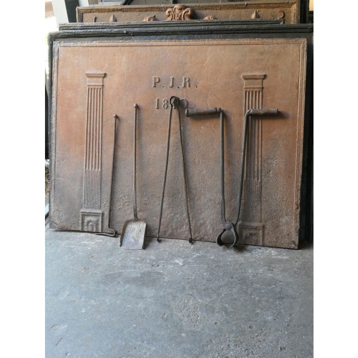 Antique French Fireplace Tools made of Wrought iron, Wood 