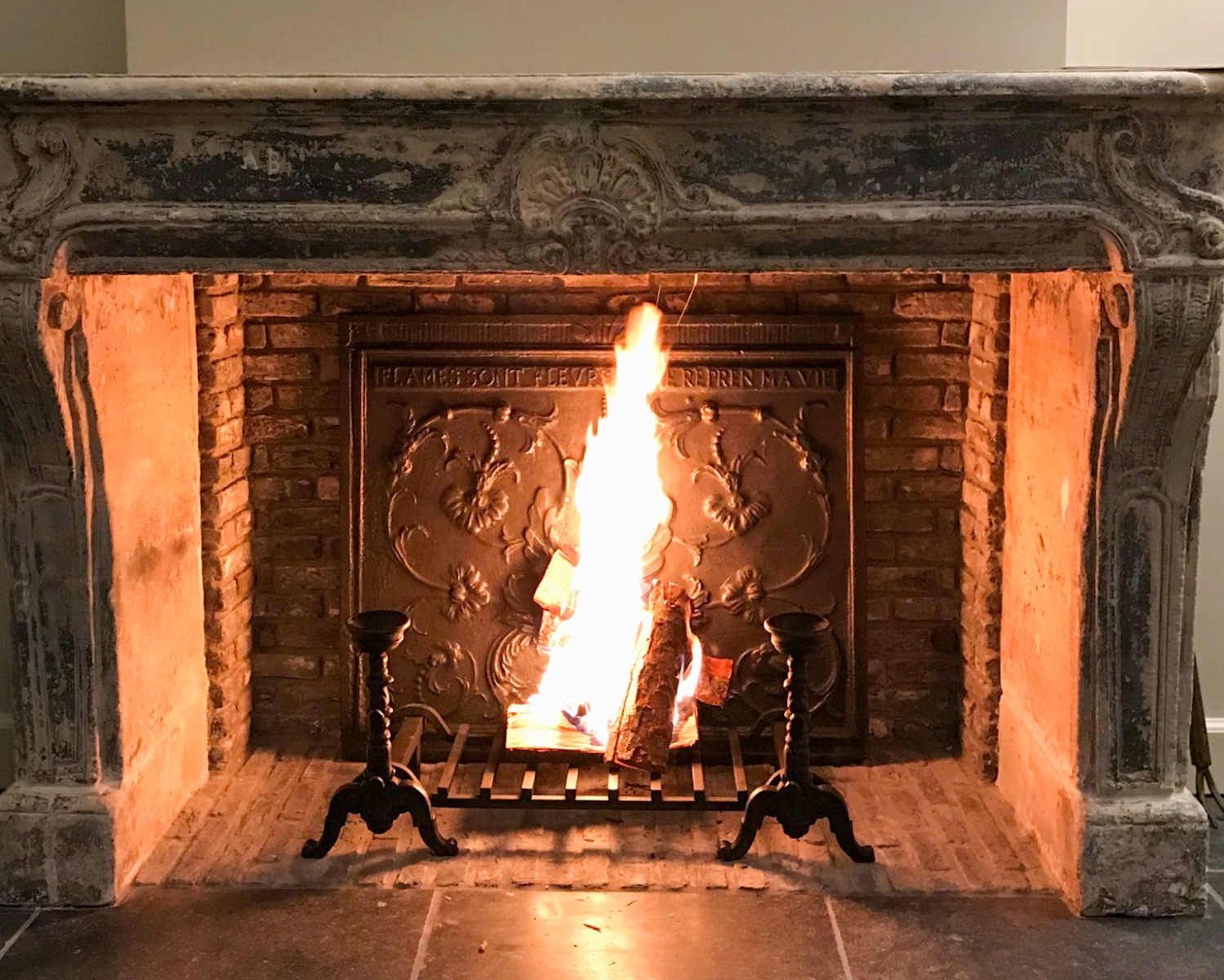 Antique French Phoenix fireback in a Louis XV marble fireplace with antique andirons and modern fireplace grate