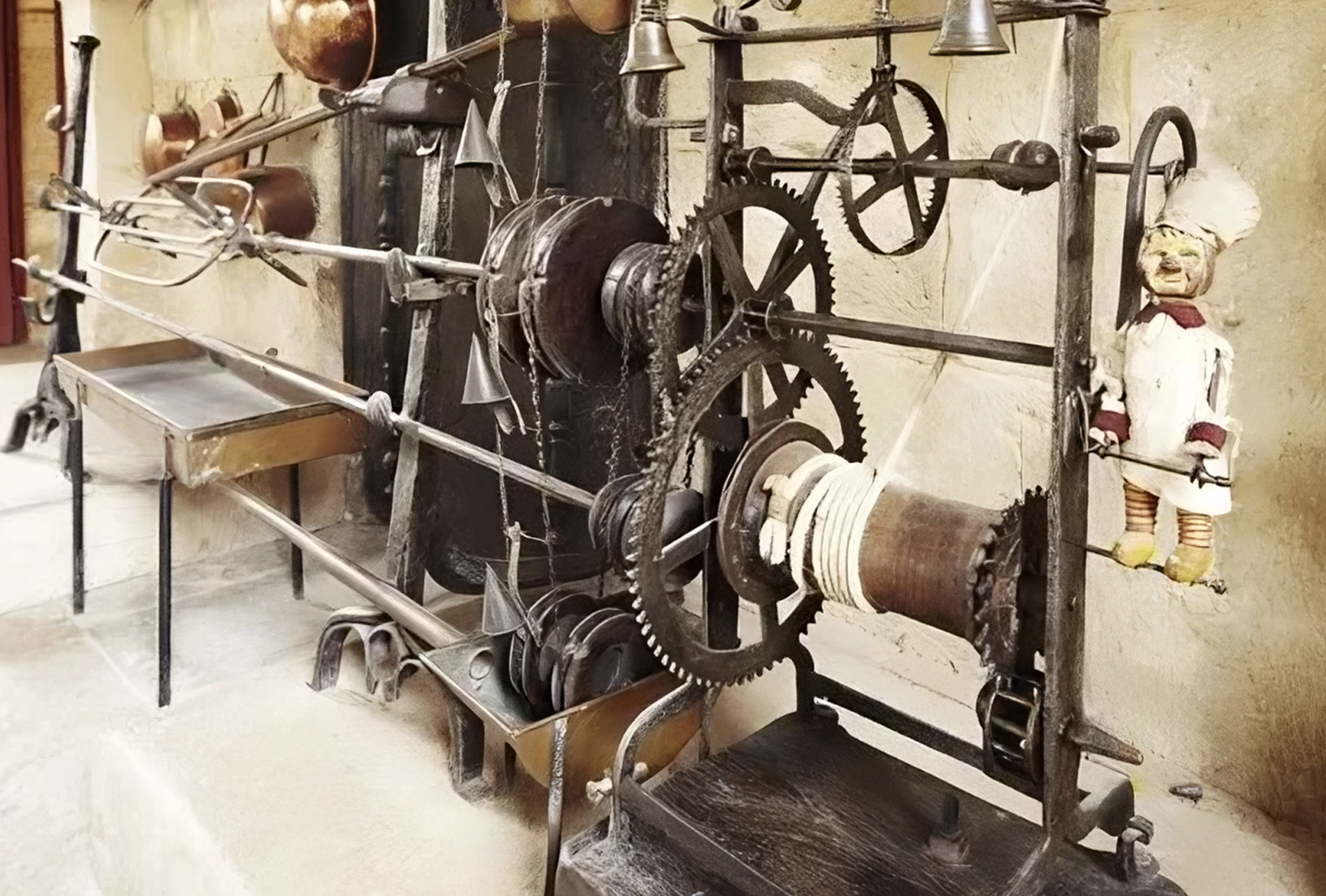 Mechanism of a weight-driven roasting jack