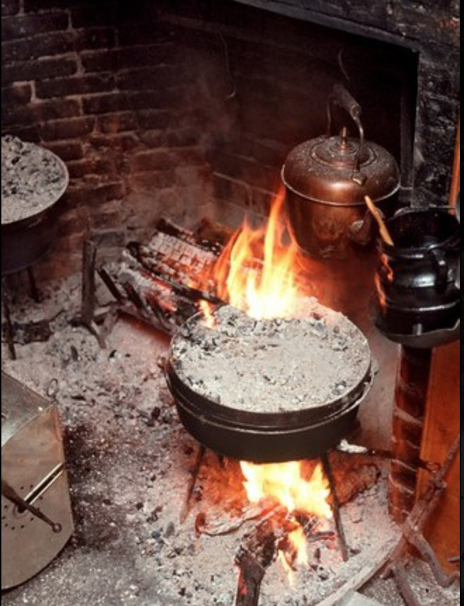 Dutch oven in an open fireplace