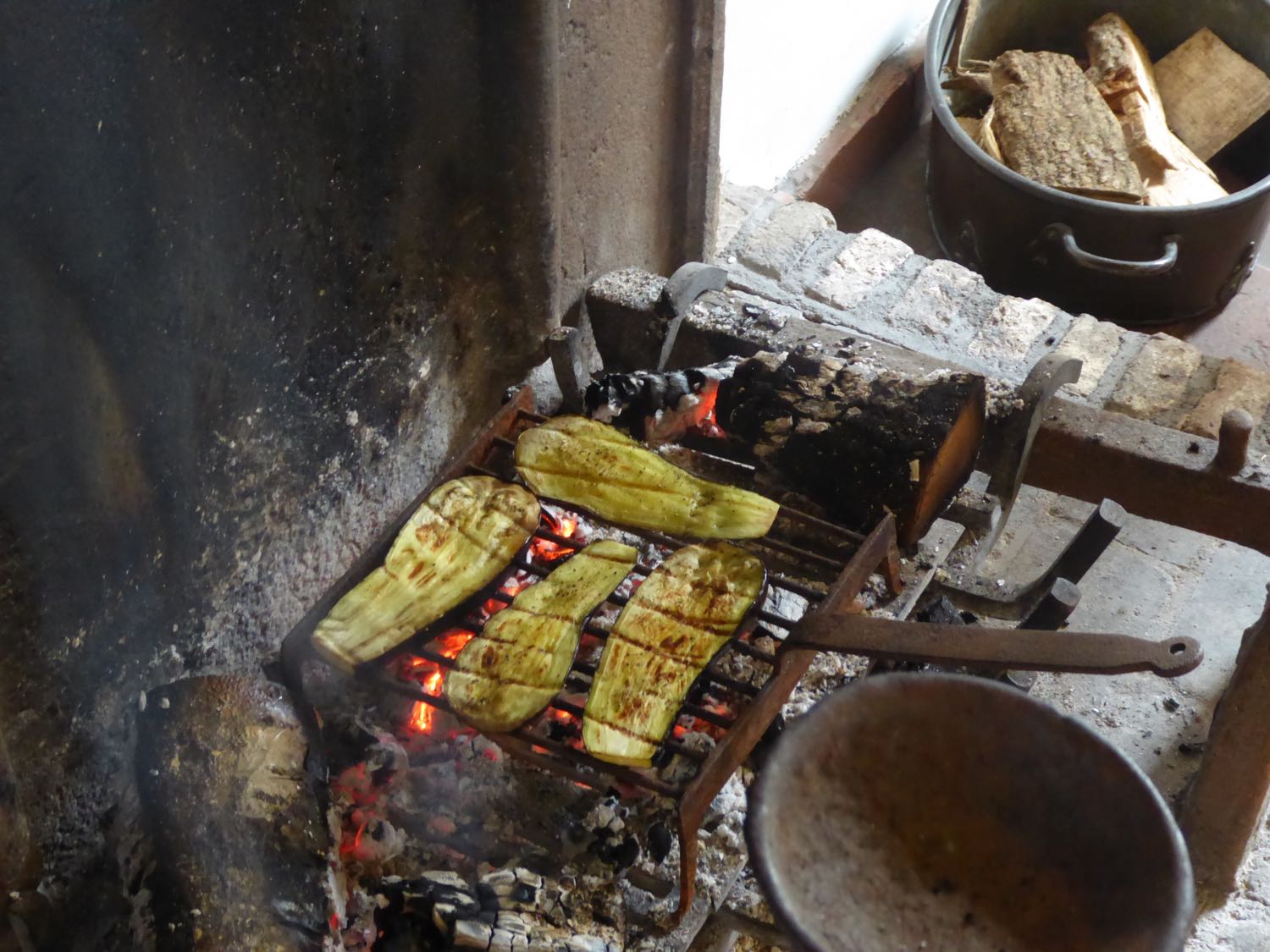 Grilling zucchini in the open fireplace