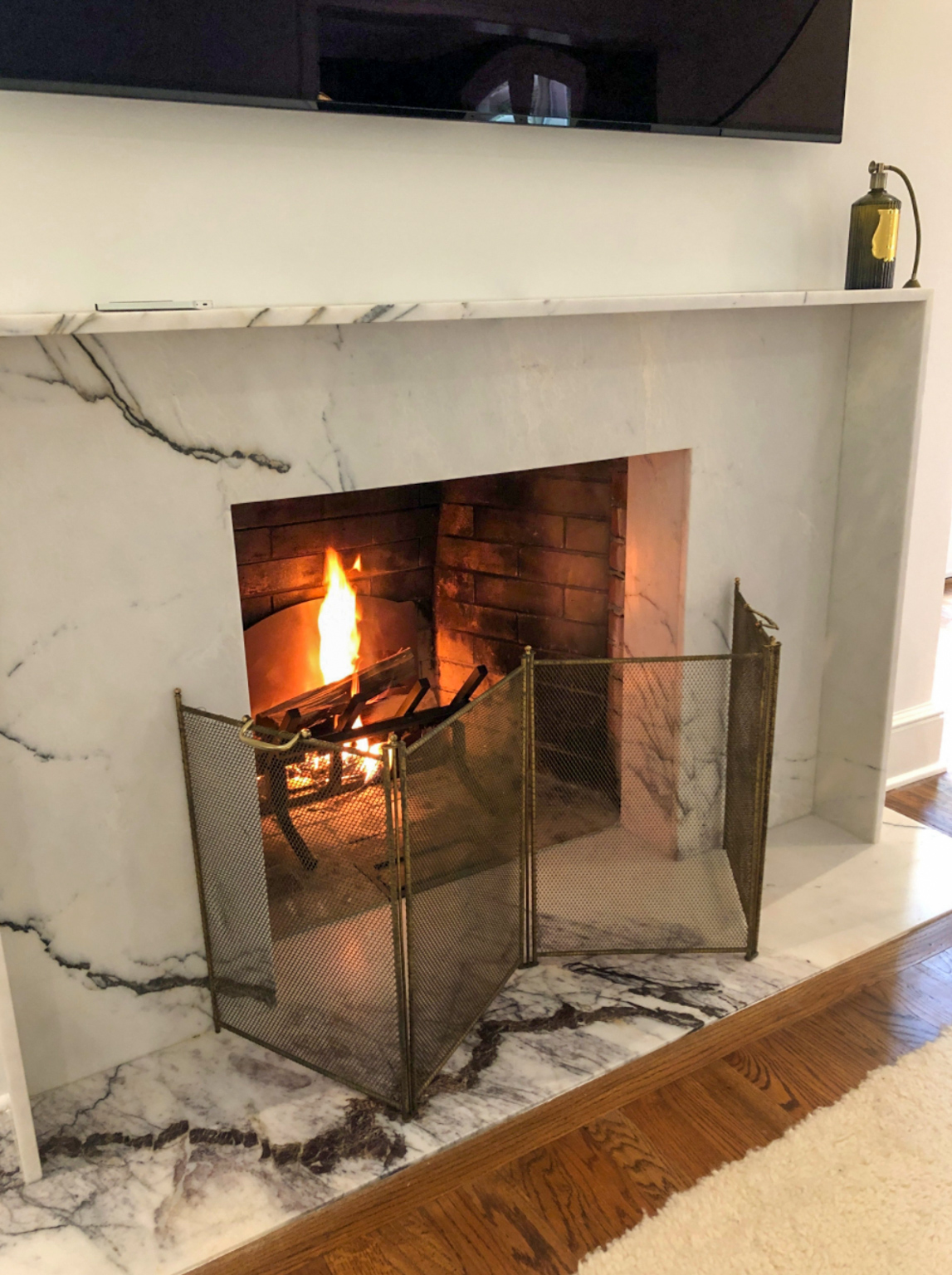 Antique French fireplace screen in a modern fireplace